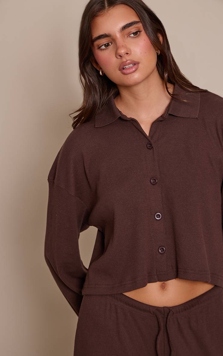 Chocolate Brown Chemise Côtelée Brossée À Boutons