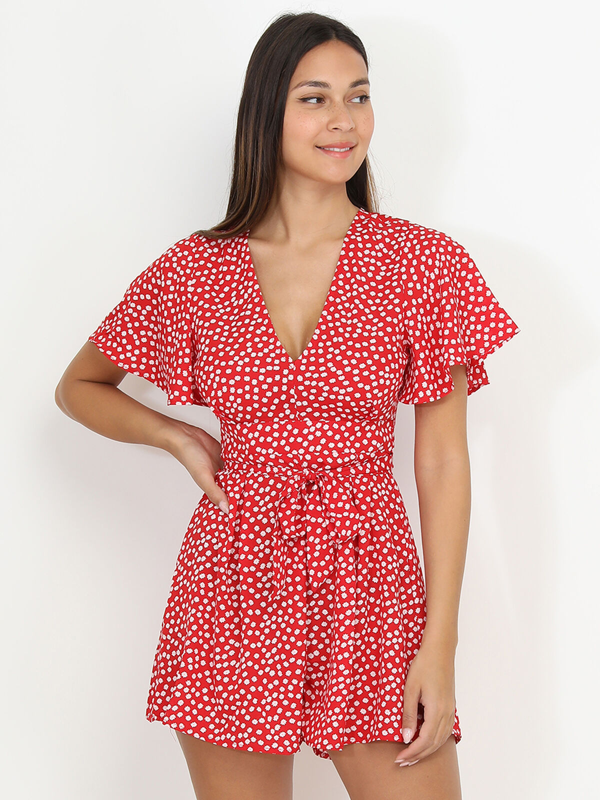 Combi-short fluide à fleurs- Rouge