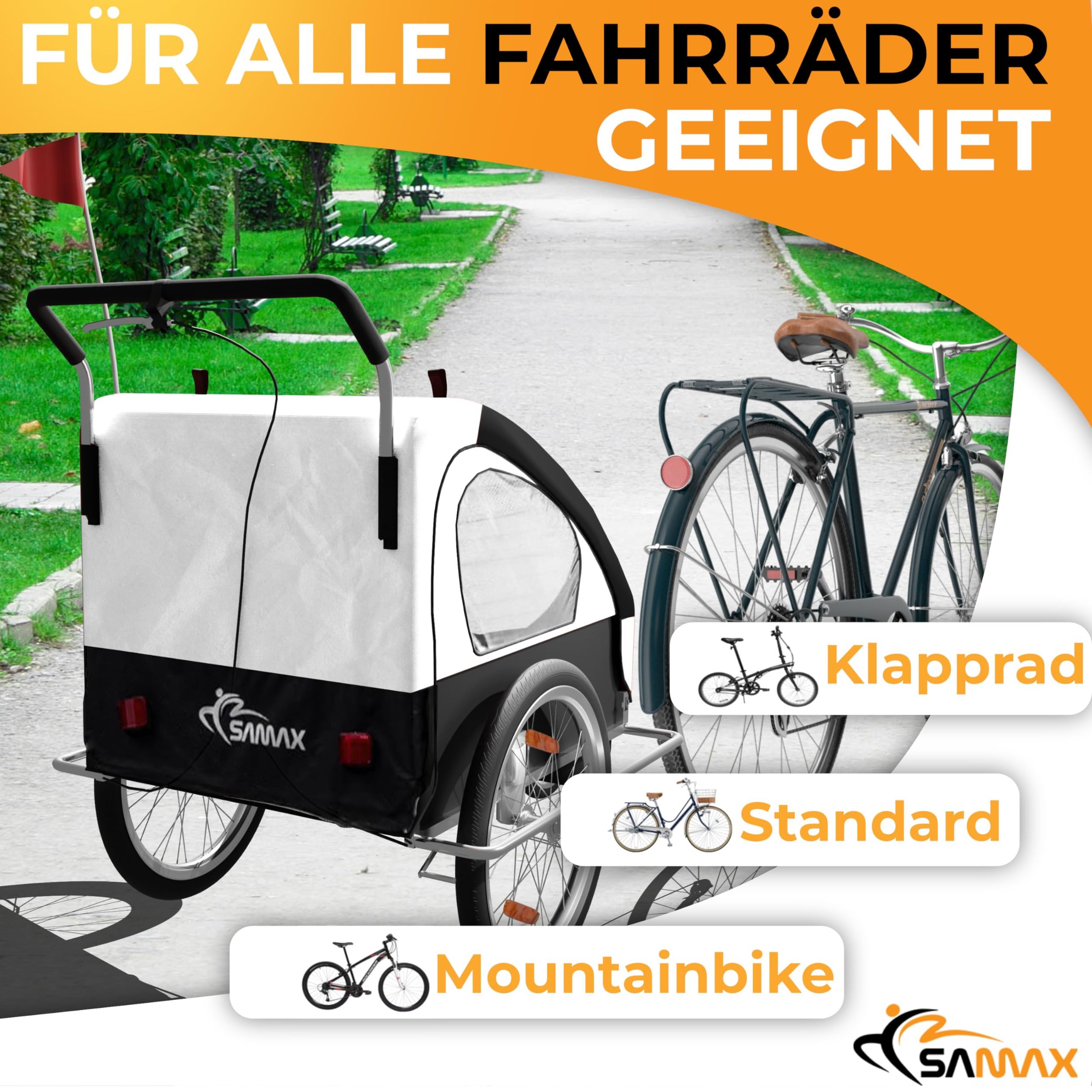 SAMAX Fahrradanhänger 2in1 Jogger - in Weiß/Schwarz - Silver Frame