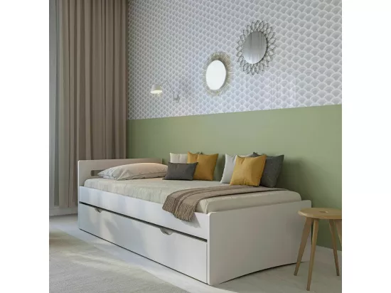 Pack lit gigogne avec matelas 90x190 cm bois massif blanc LEO