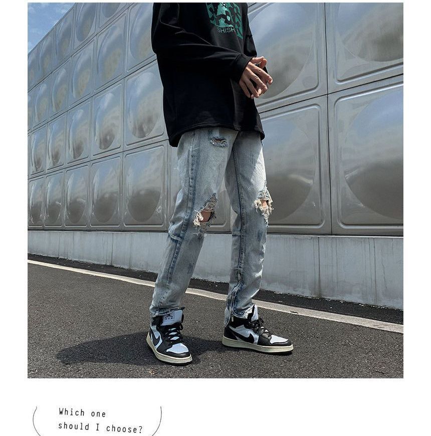 Acrius - Mid Rise Washed Distressed Straight Leg Jeans