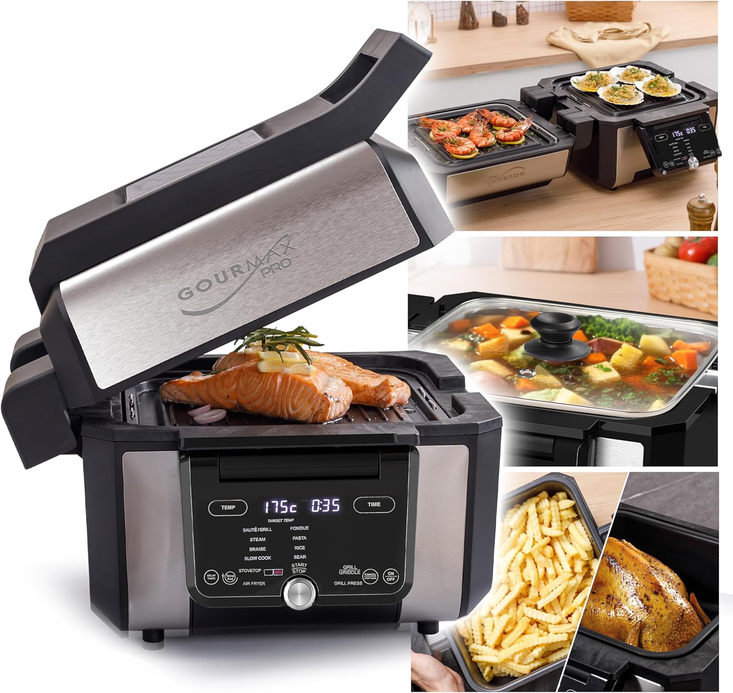 Gourmax Pro Multifunktionsgerät: Air Fryer + Backofen + Grillplatte + Grill-Press + Topf 5,6 l + Glasdeckel 2 unabhängige XXL-Zonen, 2 Rezepte auf einmal: 16 Menüs, Rezept, energiesparend