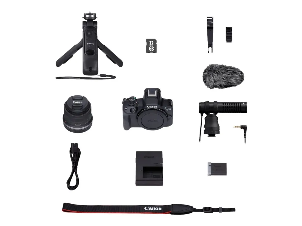 Canon EOS R50 - Content Creator Kit - digitalkamera - spejlløst - 24.2 MP - APS-C - 4K / 30 fps - 2.5x optisk zoom RF-S 18-45 mm F4.5-6.3 IS STM objektiv - Wi-Fi, Bluetooth - sort