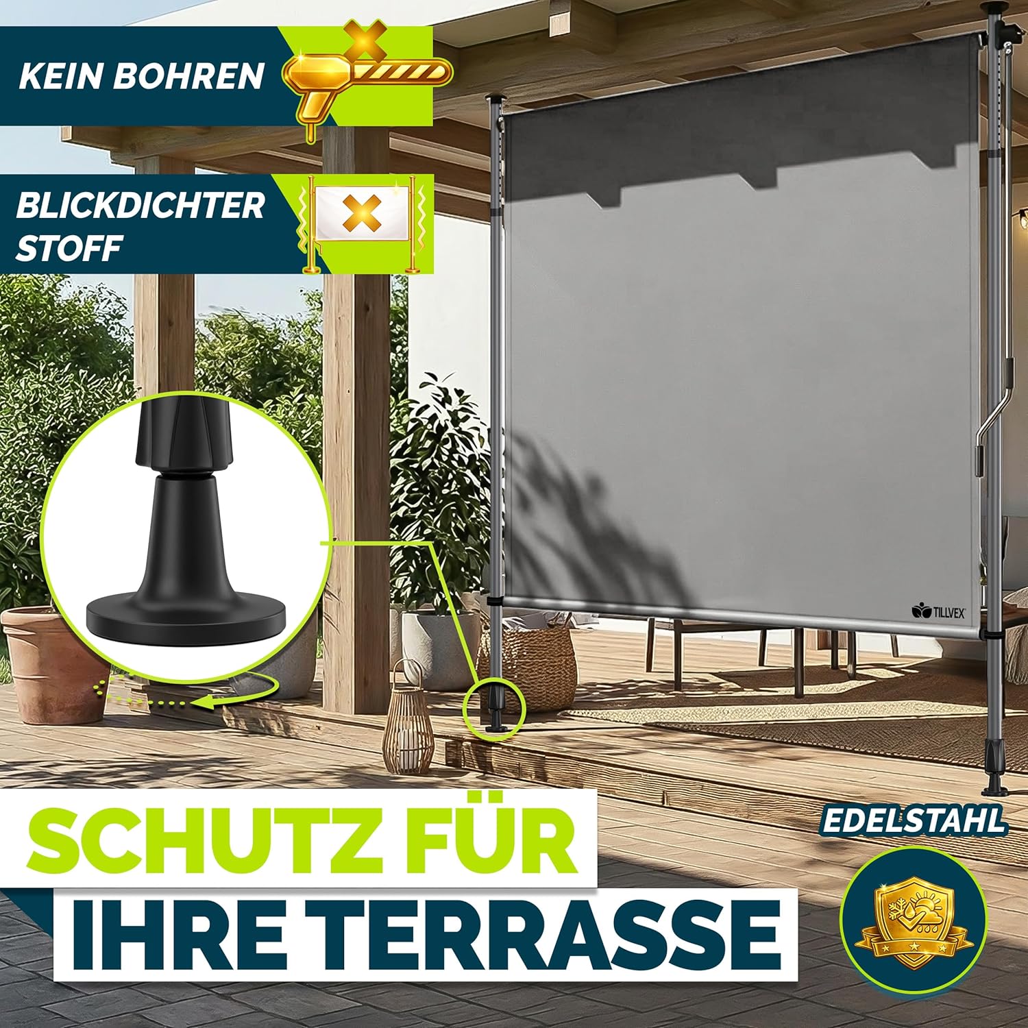 tillvex® Klemmmarkise Senkrechtmarkise mit Handkurbel ohne Bohren | Sichtschutz Ausziehbar & Blickdicht | Vertikalmarkise Balkon Terrasse Garten | Sichtschutzrollo Wetterfest (Grau, 200x310 cm)