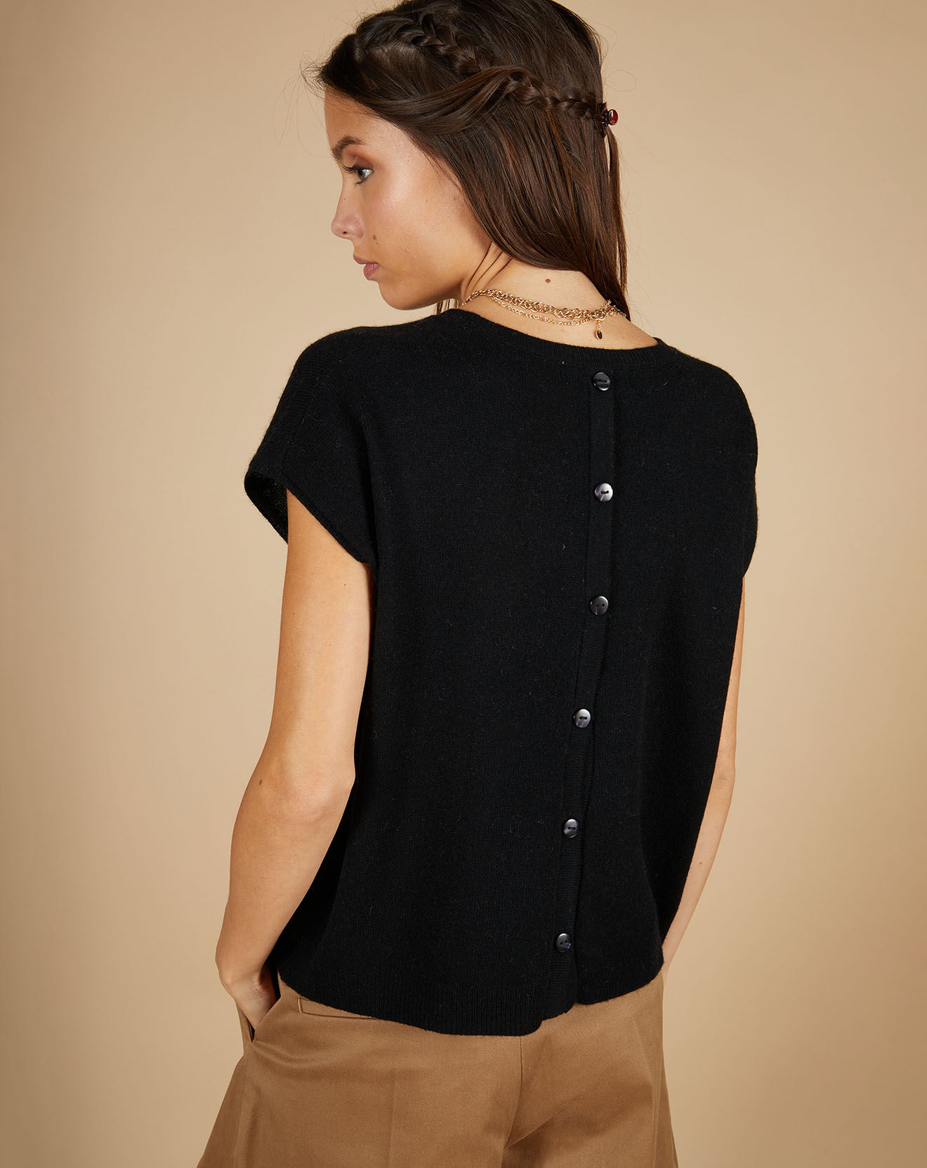 Cashmere Tribu Pull 100% Cachemire manches courtes Charline boutons au dos noir