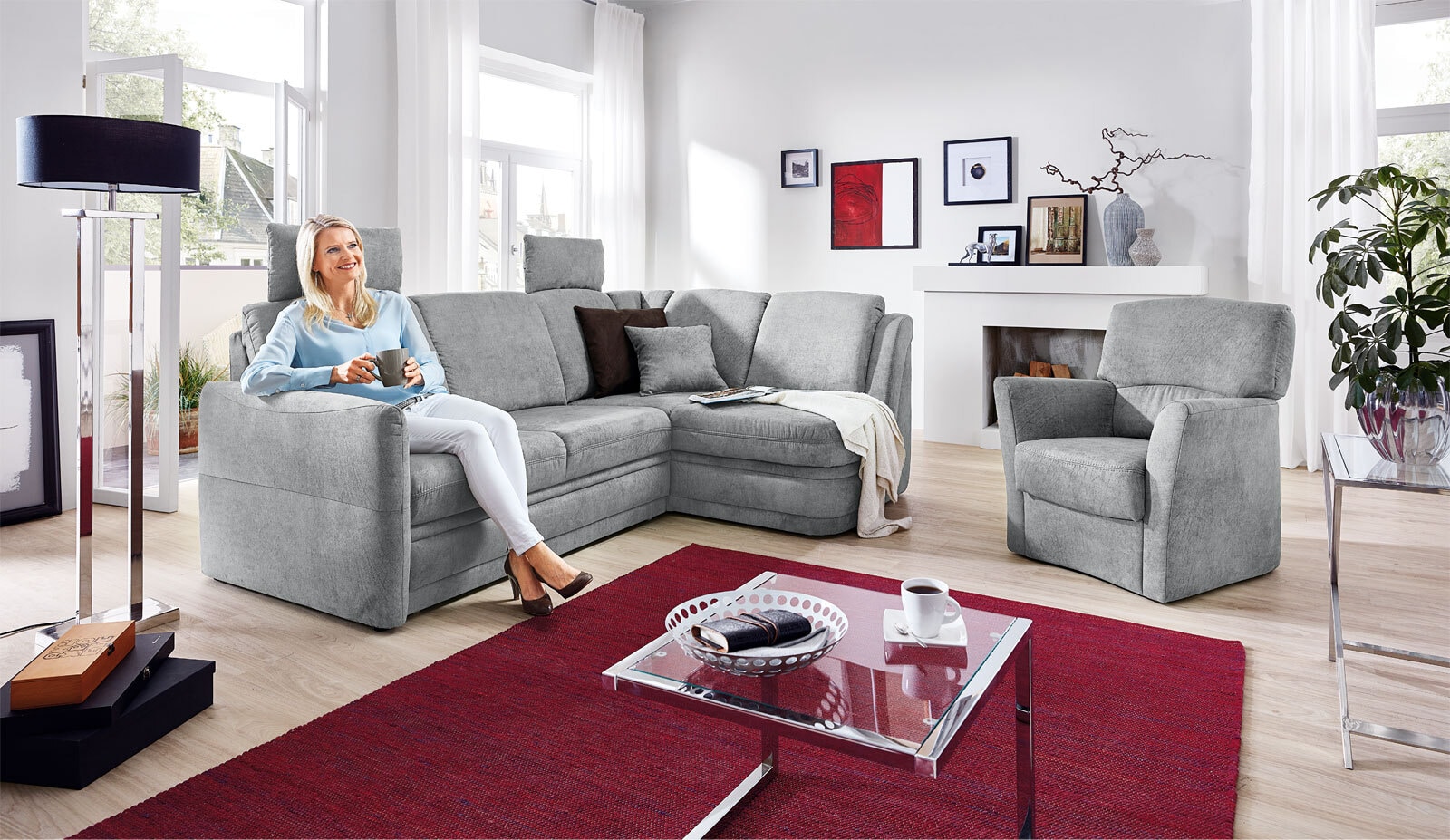 Ecksofa 224 x 160 cm Stoffbezug frostgrau