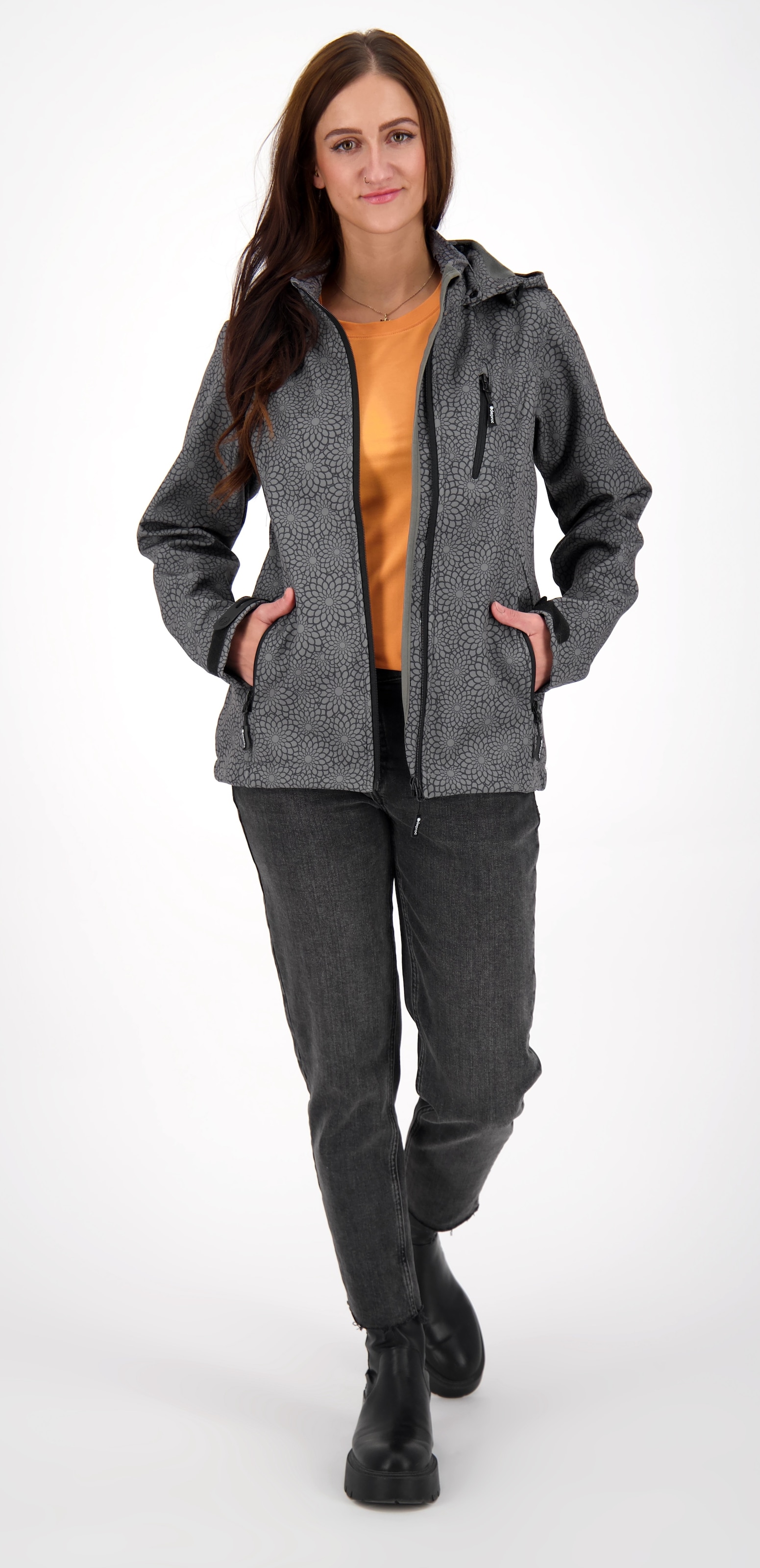 DEPROC Active Softshelljacke »SHELBY PEAK DC« leichte Softshelljacke mit All-Over-Print und abnehmbarer Kapuze
