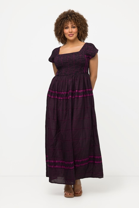 Smok-Maxikleid, Streifen, A-Linie, Carree-Ausschnitt