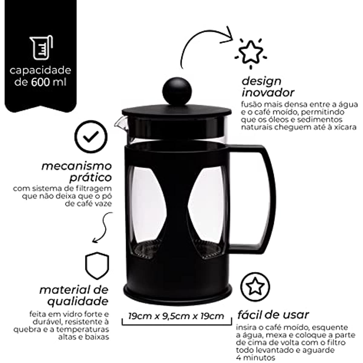Mimo Style Cafeteira Prensa Francesa, Capacidade Para 600 ml, Com Haste e Al&ccedil;a, Resistente, Suporta Altas e Baixas Temperaturas (-20 &deg;C a 180 &deg;C), Excelente Sistema de Filtragem