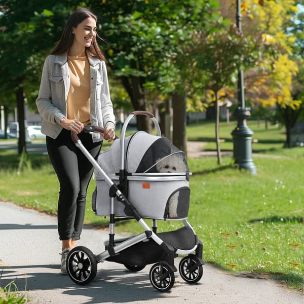 Hundevogn 3 i 1 hundevogn sammenleggbar for hunder og katter opp til 10 kg kattevogn med pute koppholder mesh vinduer dører oppbevaringskurv kattevogn