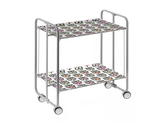 Chariot pliant à roulettes - Structure métallique grise, 2 niveaux en stratifié motif Hiboux - 72*66*43 cm - BAUHAUS