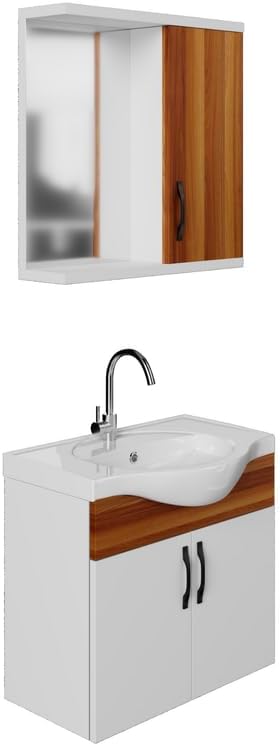 Badezimmermöbel Set Mercan 65 | Keramikwaschbecken | Unterschrank | Spiegelschrank | Bügelgriffe | Weiß mit Weidenholzfurnier | Natürlicher Stil | Badmöbel Waschtischunterschrank