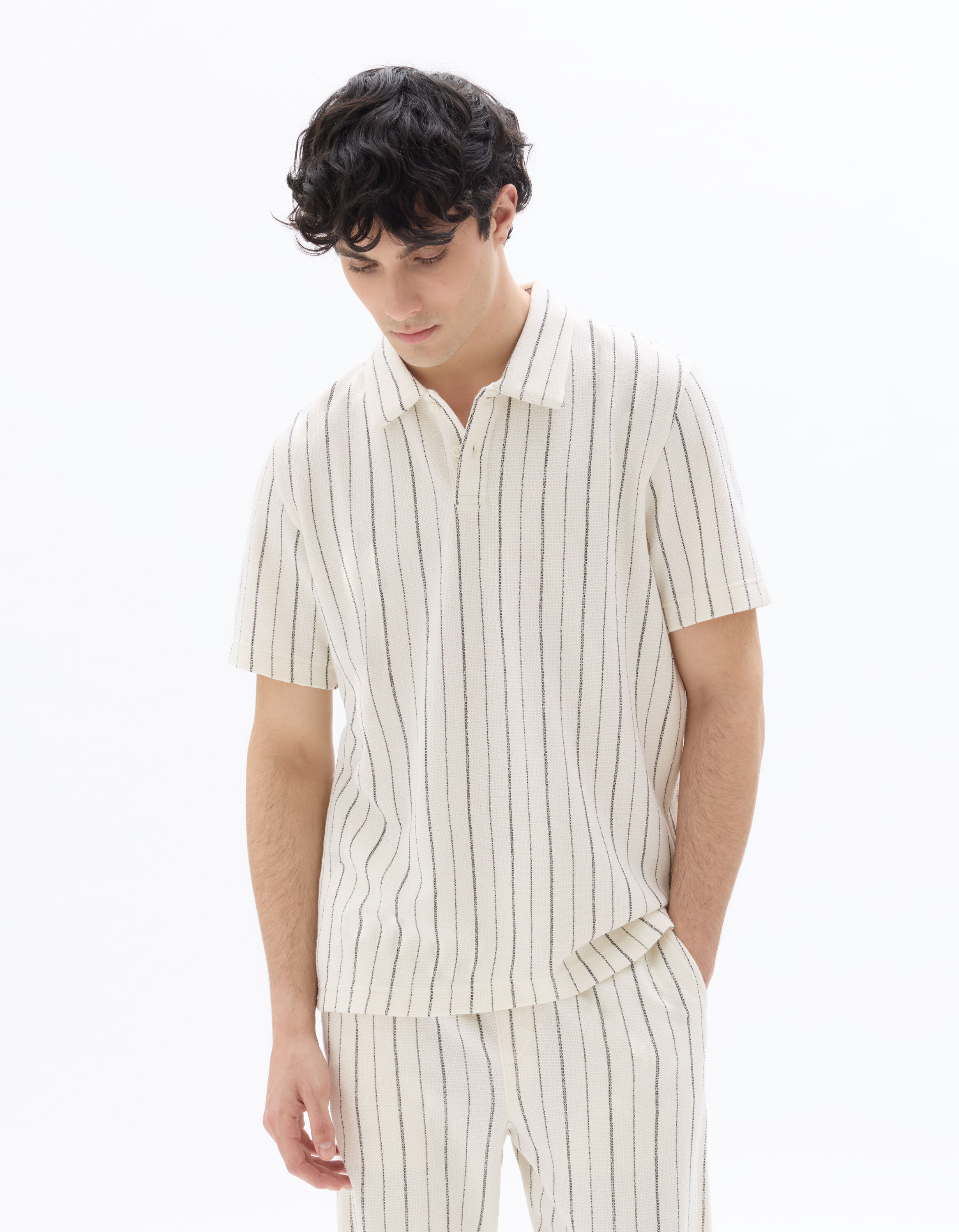 Polo regular rayé et texturé - écru