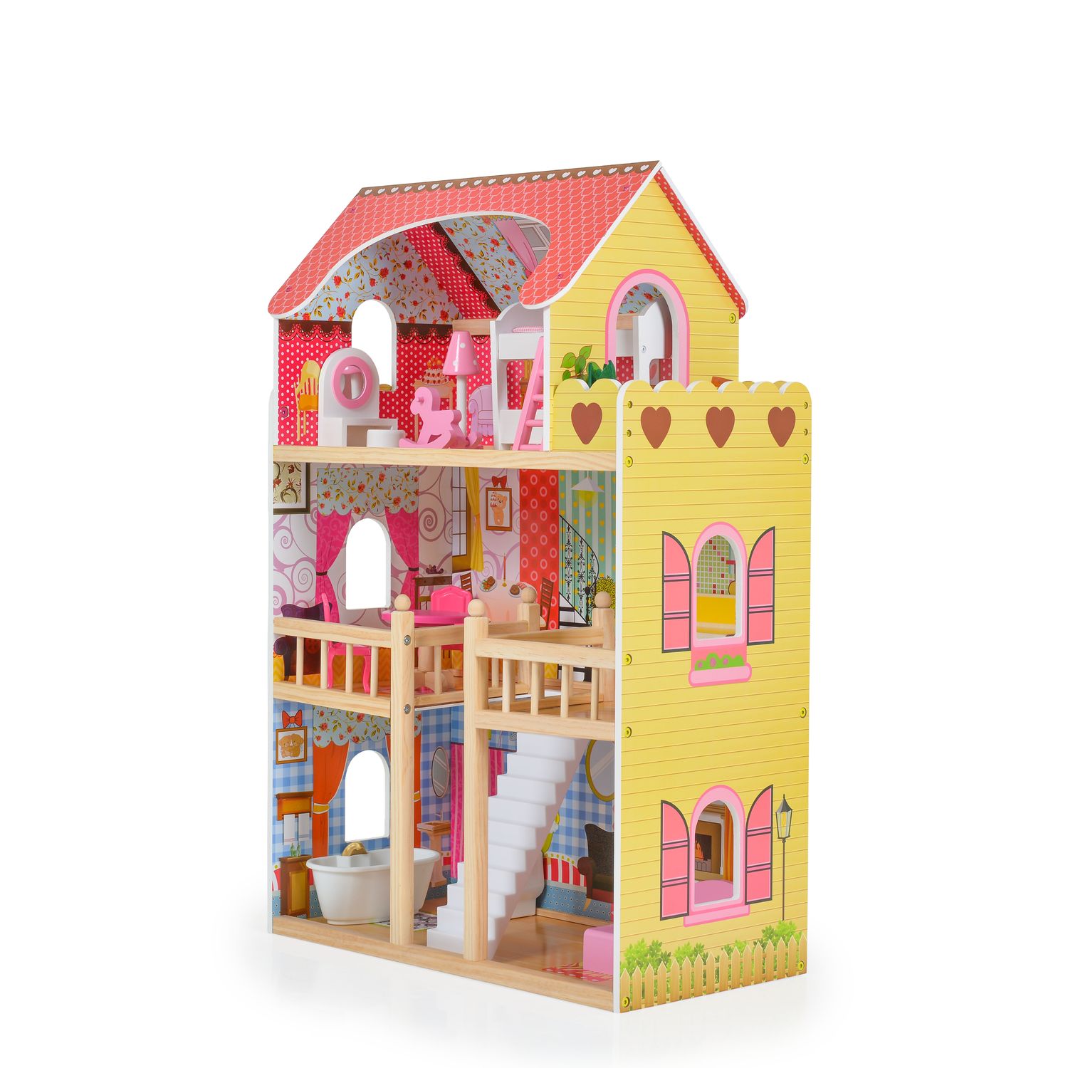 Moni Holz-Puppenhaus 8209 Emily 17-teilig, 3 Etagen, 5 Zimmer, Terrasse, Möbel gelb