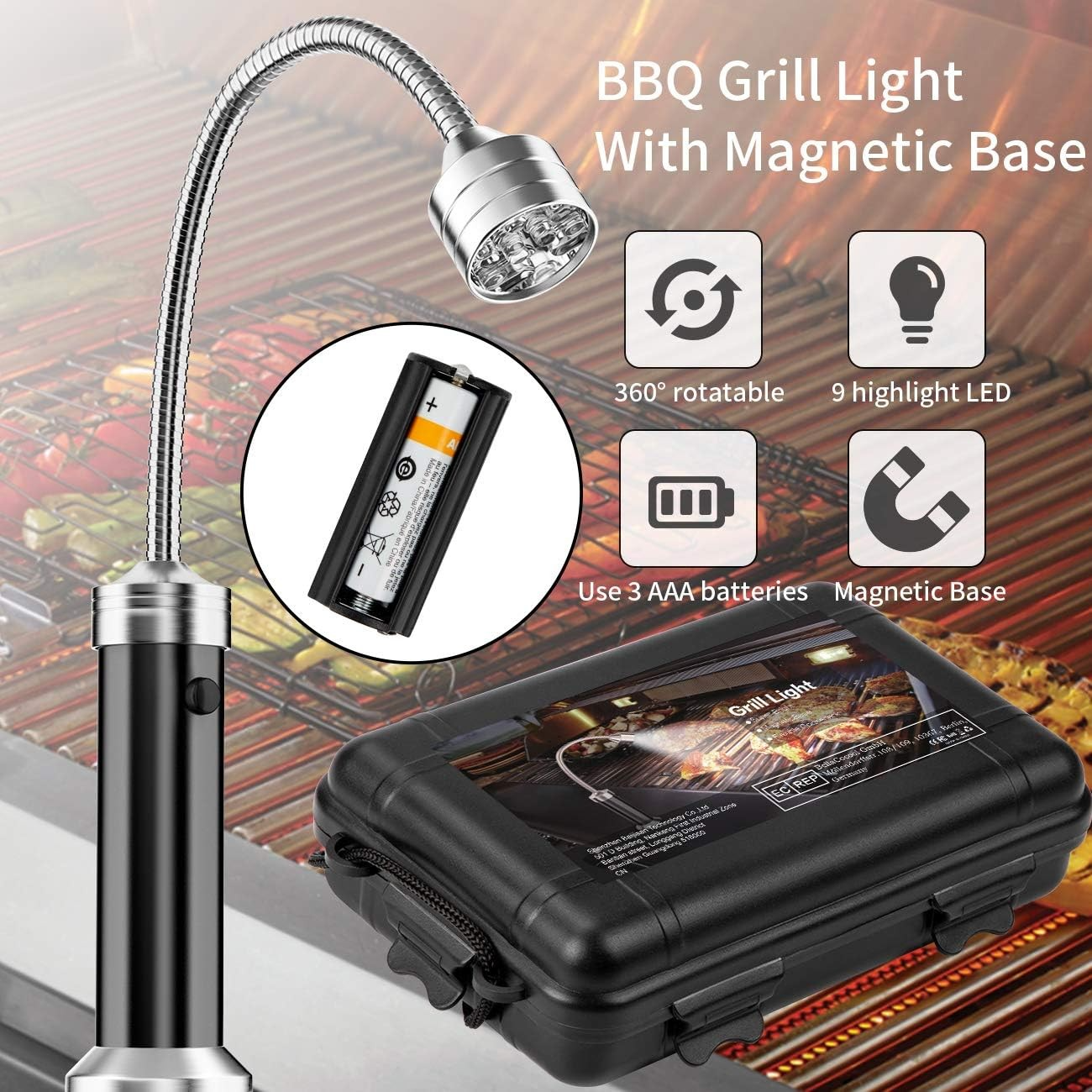(2er Set) 9 LED’s Magnetische Grill Lampe Flexibles 360º Grad Licht BBQ Zubehör inkl. Aufbewahrungs Box (Batteriebetrieben) - Kaltweiss