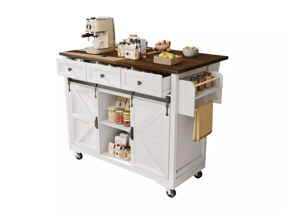 Ilot central de cuisine mobile avec 2 portes coulissantes et 3 tiroirs - plateau extensible - 140 x 45/73 x 92.5 cm - Bois MDF + métal - Blanc + naturel