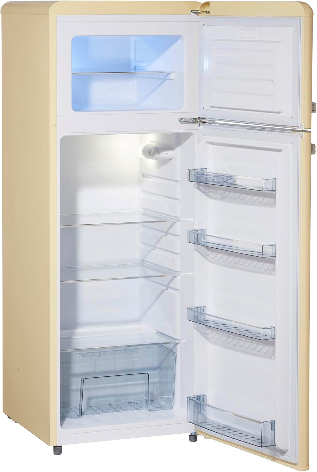 WOLKENSTEIN Retro Kühl-Gefrier-Kombination GK212.4RT SC211 Liter | Nostalgie Design Kühlschrank | 39 Liter 4 Sterne Gefrierfach | Nur 41 dB | LED-Beleuchtung | Silber Applikationen | Freistehend