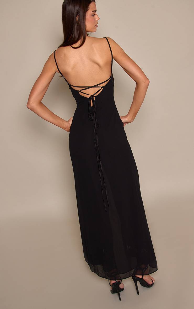 Noir Robe Longue En Mousseline Avec Dos Noué