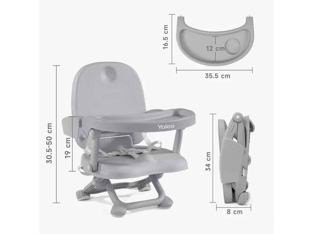 Réhausseur Chaise Enfant Pliable,Chaise Haute Bébé Portable,Bébé Chaise repas en Hauteur Réglable,Plateau Amovible,6 mois à 3 ans,Gris