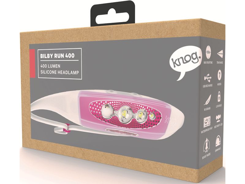 knog. Stirnlampe Bilby Run, Violett Stirnlampe mit rückstossfreiem Design für ultimativen Gehkomfort
