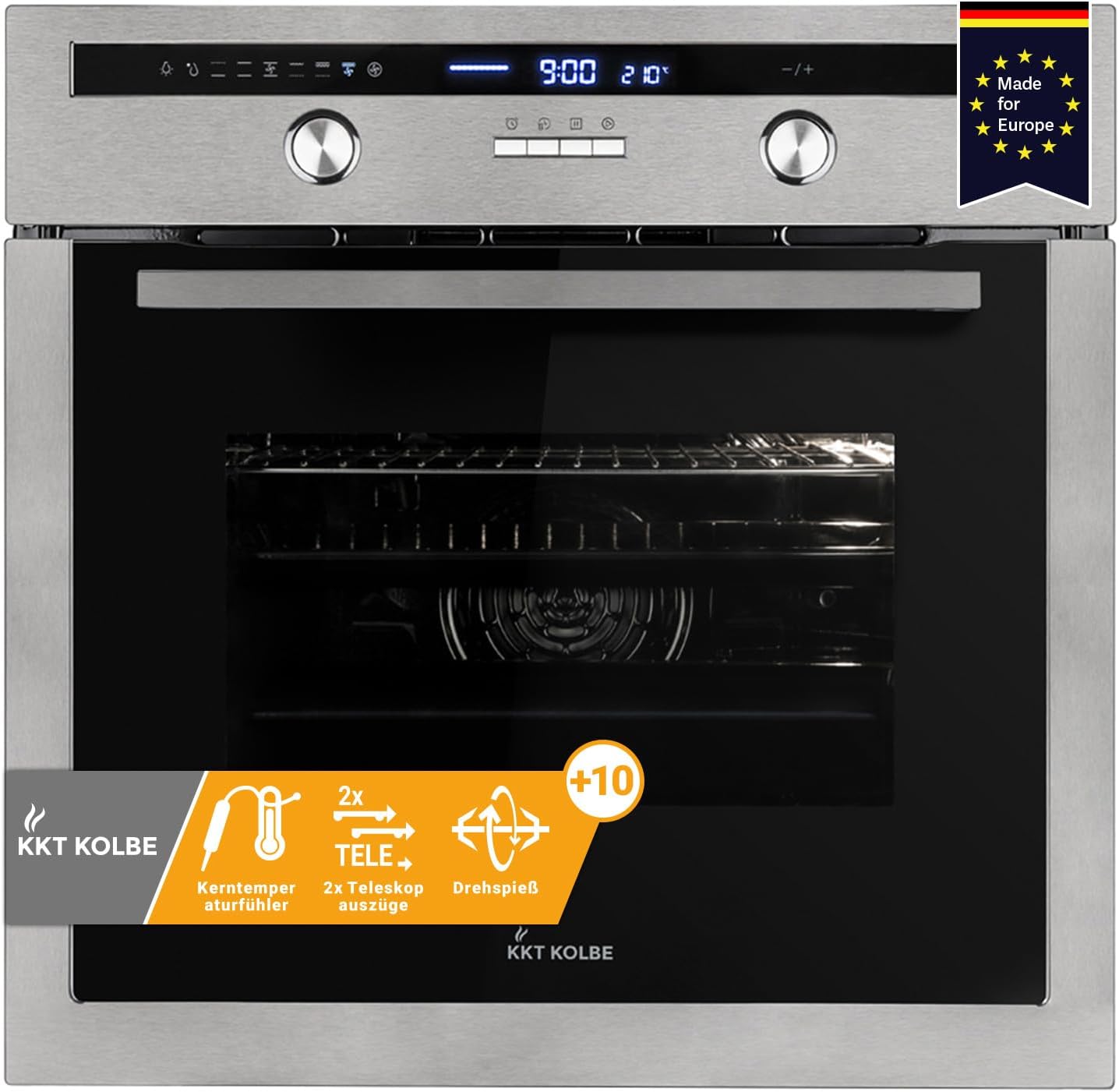 KKT KOLBE Einbaubackofen 60 cm | 70L | 3kW | Drehspieß | Kerntemperaturfühler | Katalyse | Grill | Heißluft | Teleskopauszüge | Automatik-Timer | EB8013ED
