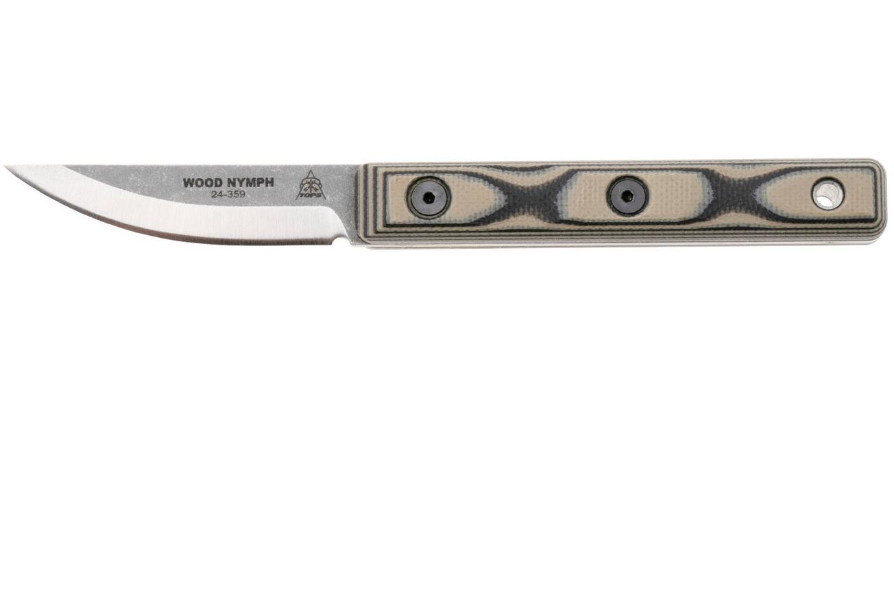 TOPS Knives Wood Nymph WDNP-01 Stonewashed 1095, Black Tan Micarta, vaststaand mes, Bushcraft Kelso design