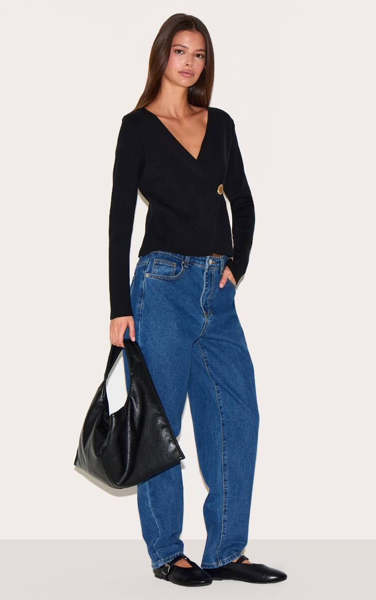 Noir Cardigan Asymétrique En Maille Compacte