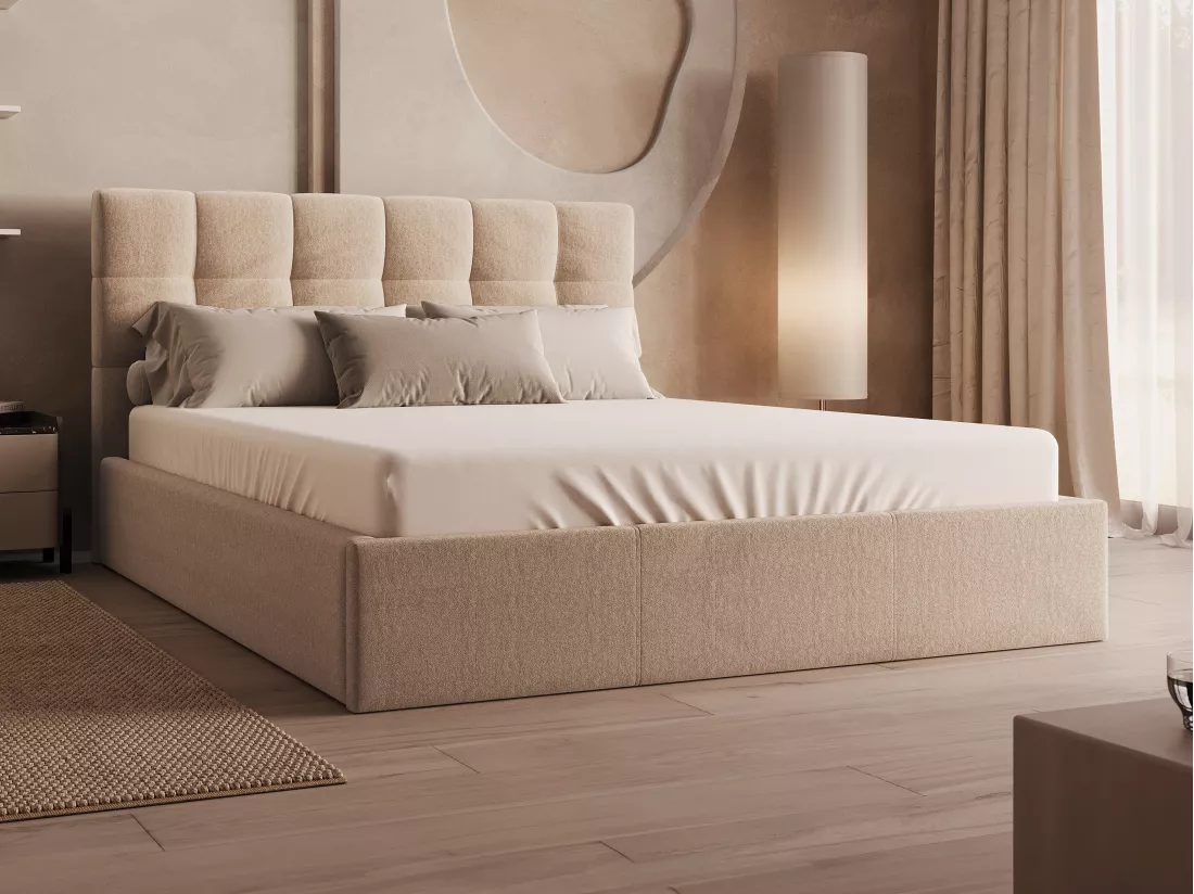 Lit coffre 160 x 200 cm - Velours - Beige + Matelas - MIRDAL de Pascal Morabito