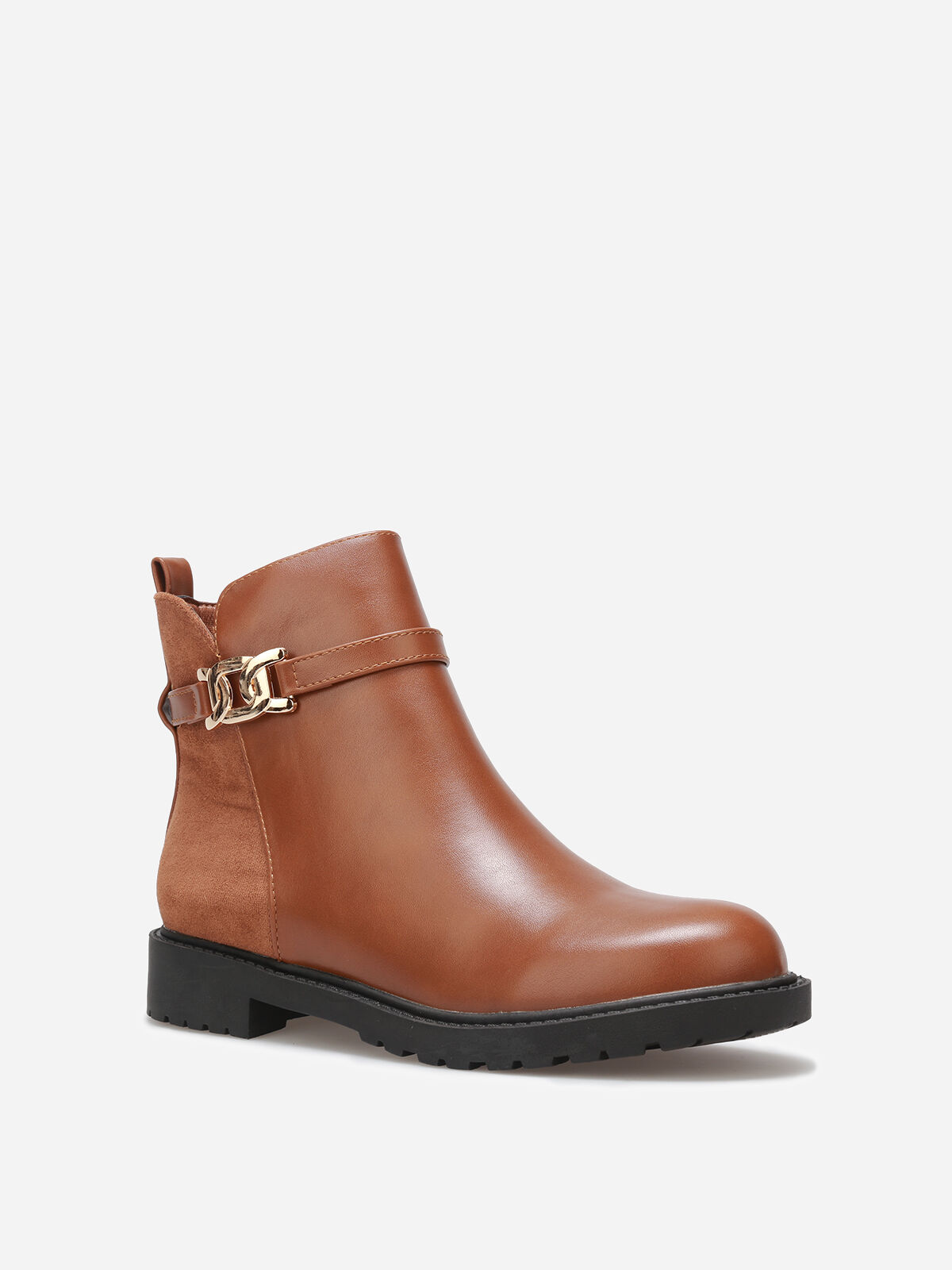 Bottines plates bi-matière à boucle dorée- Camel
