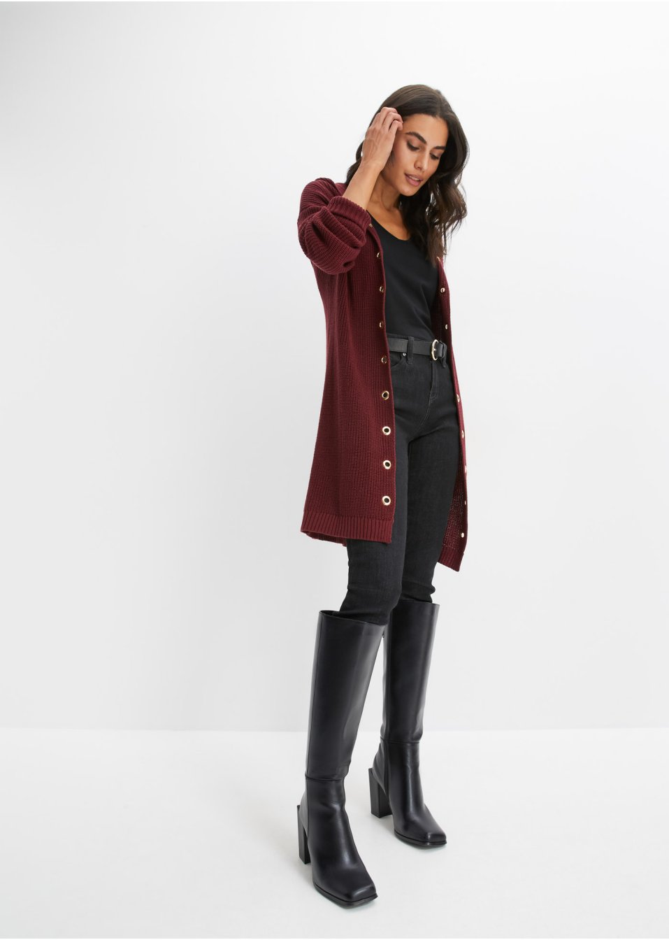Gilet long en maille à capuche