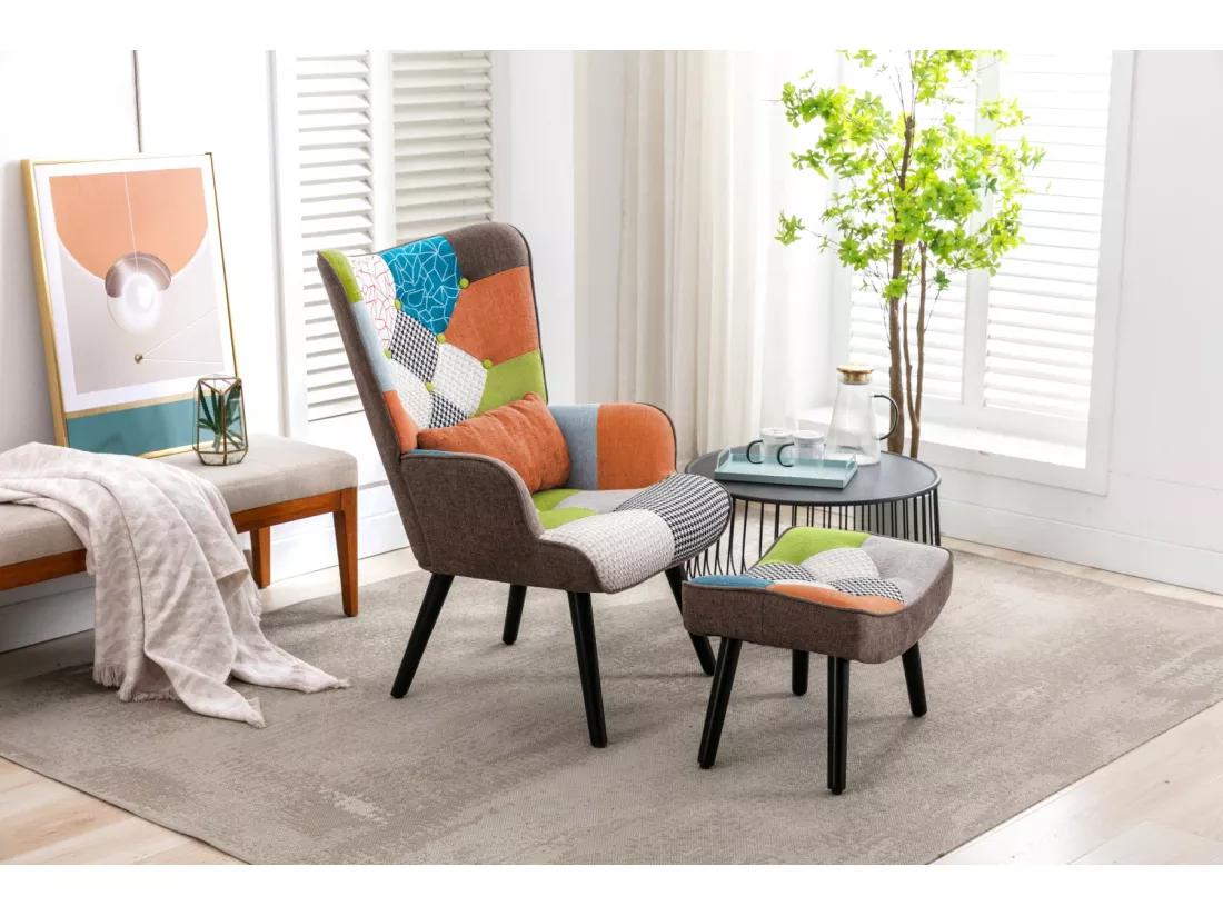 Fauteuil Salon Patchwork avec Repose Pieds en Tissu Lin Multicouleur, Fauteuil Scandinave en Bois Massif avec Support Lombaire, Lin