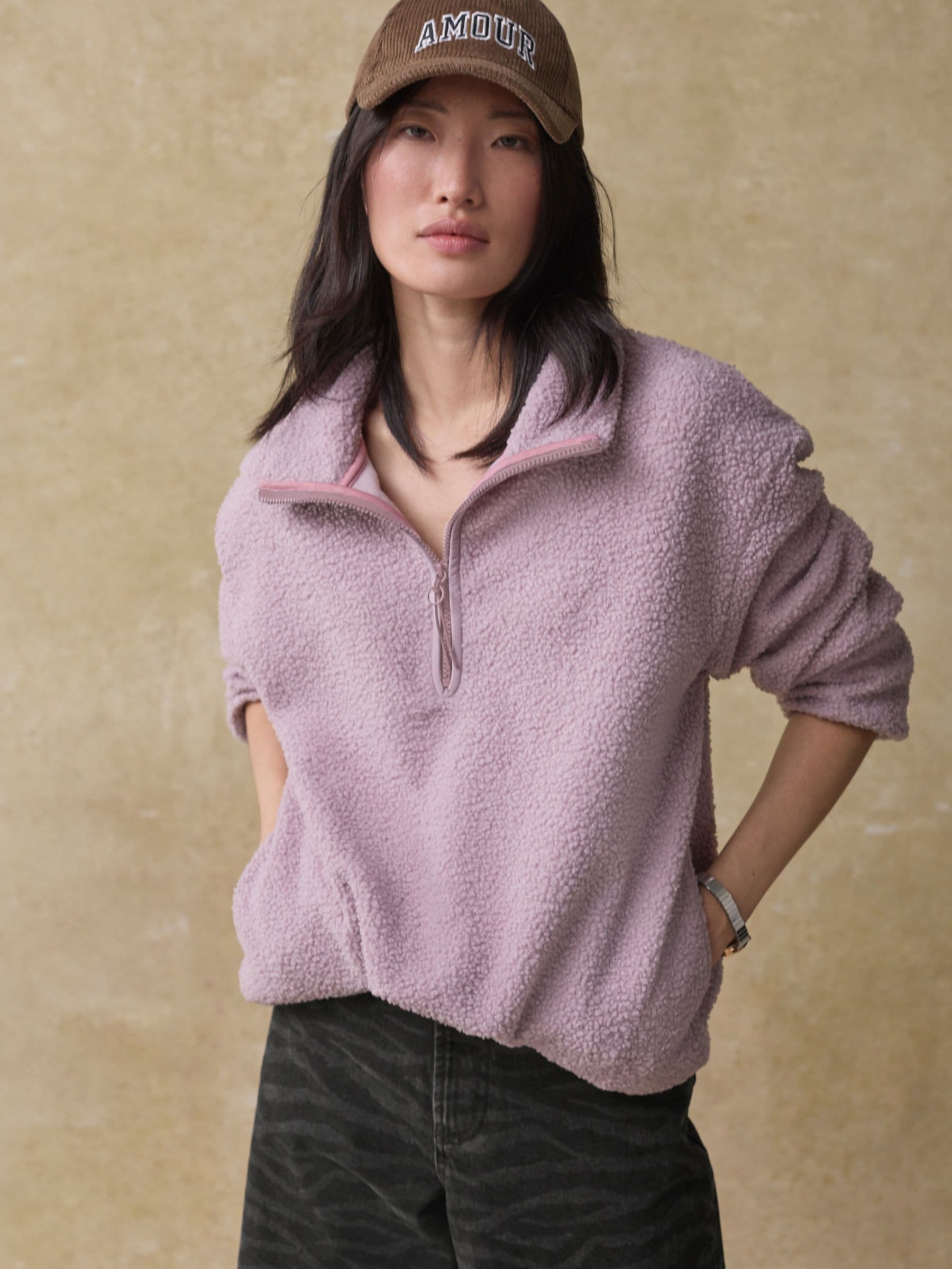 Mauve-paars - Teddy Borg knusse lange fleece met kwart ritssluiting