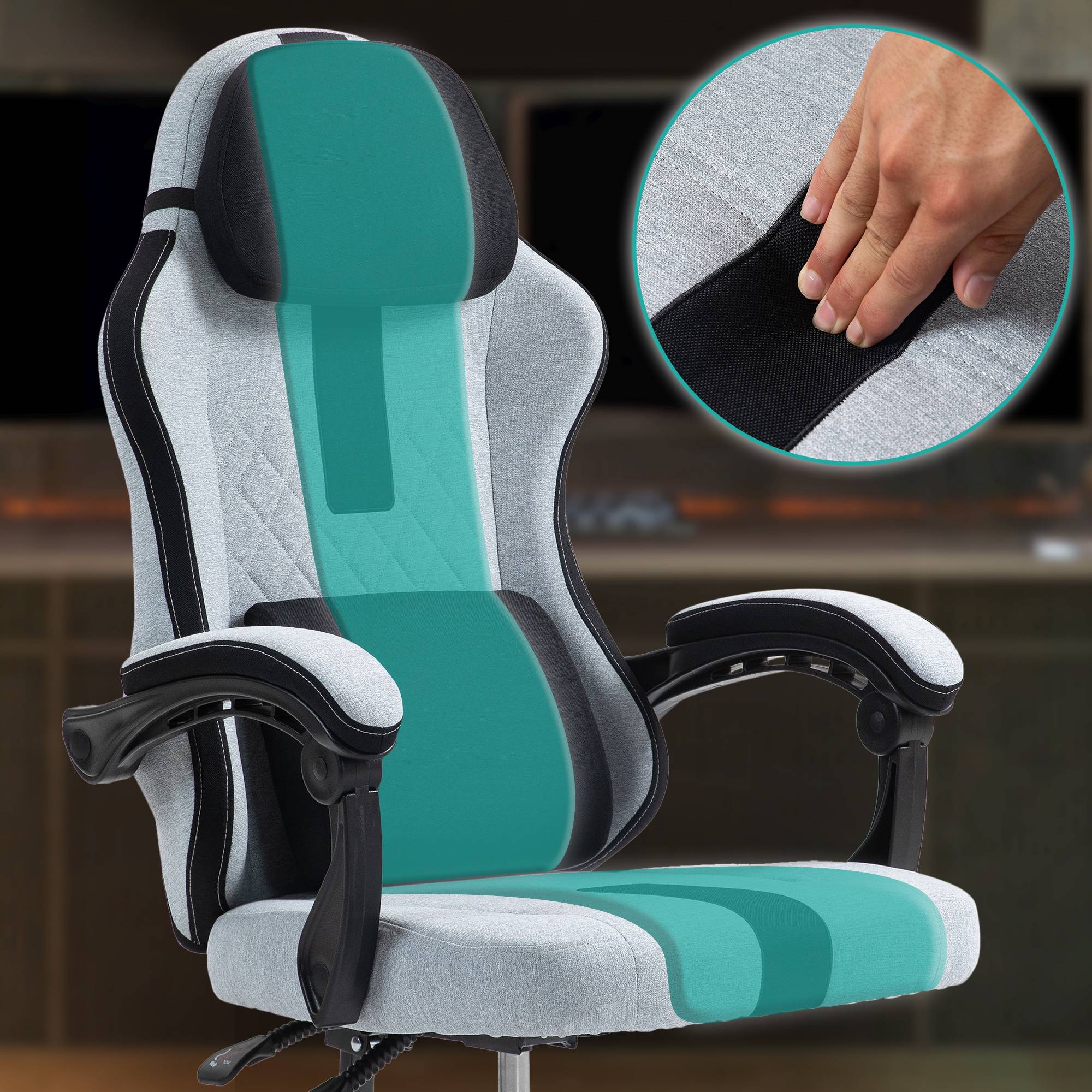 CLP Bürostuhl Miltona mit Stoffbezug I Schreibtischstuhl ergonomisch I Höhenverstellbarer Gamingstuhl mit Kopfpolster und Lendenwirbelpolster