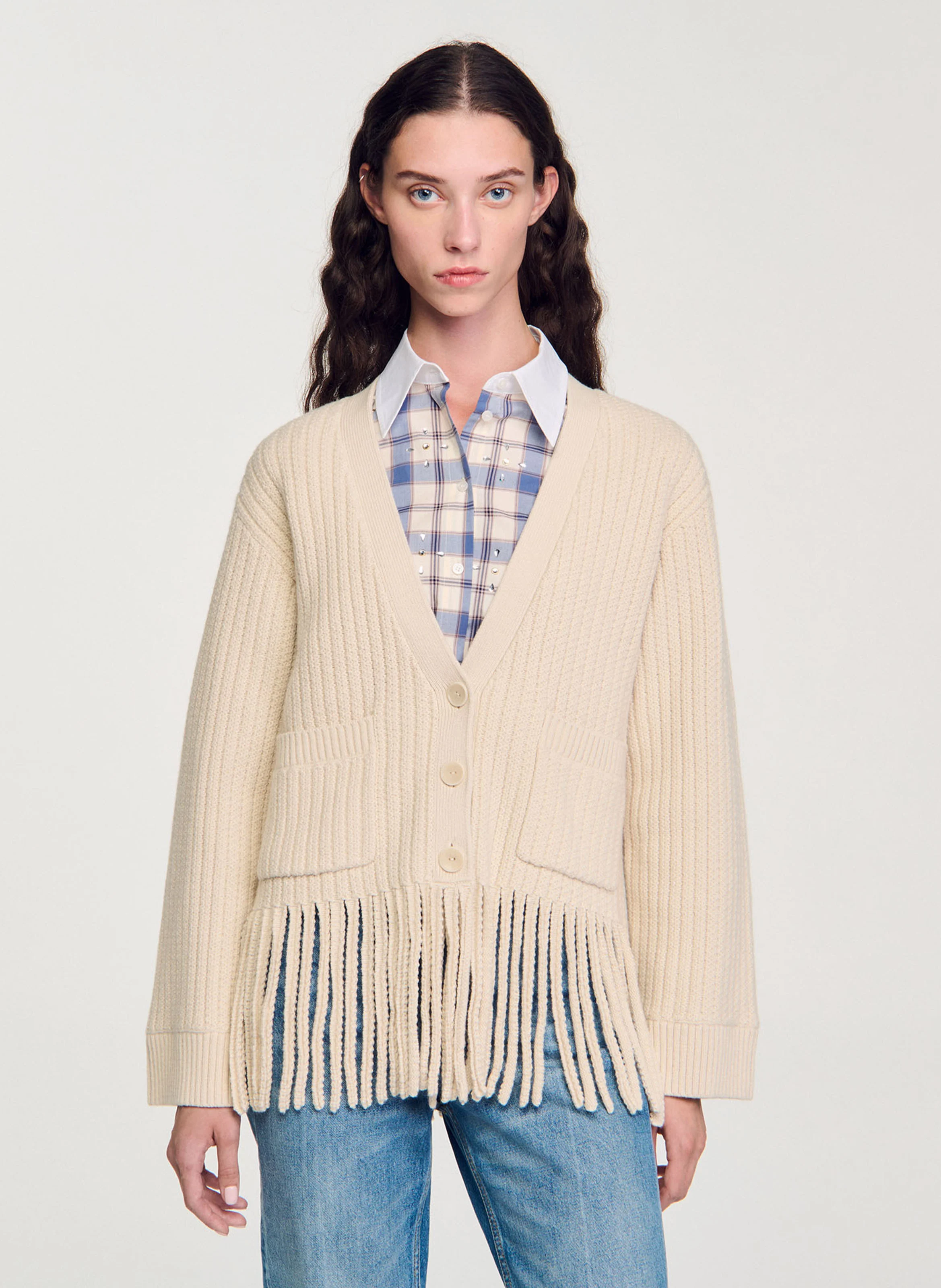Gilet décolleté V en laine et en coton mélangés | Blanc