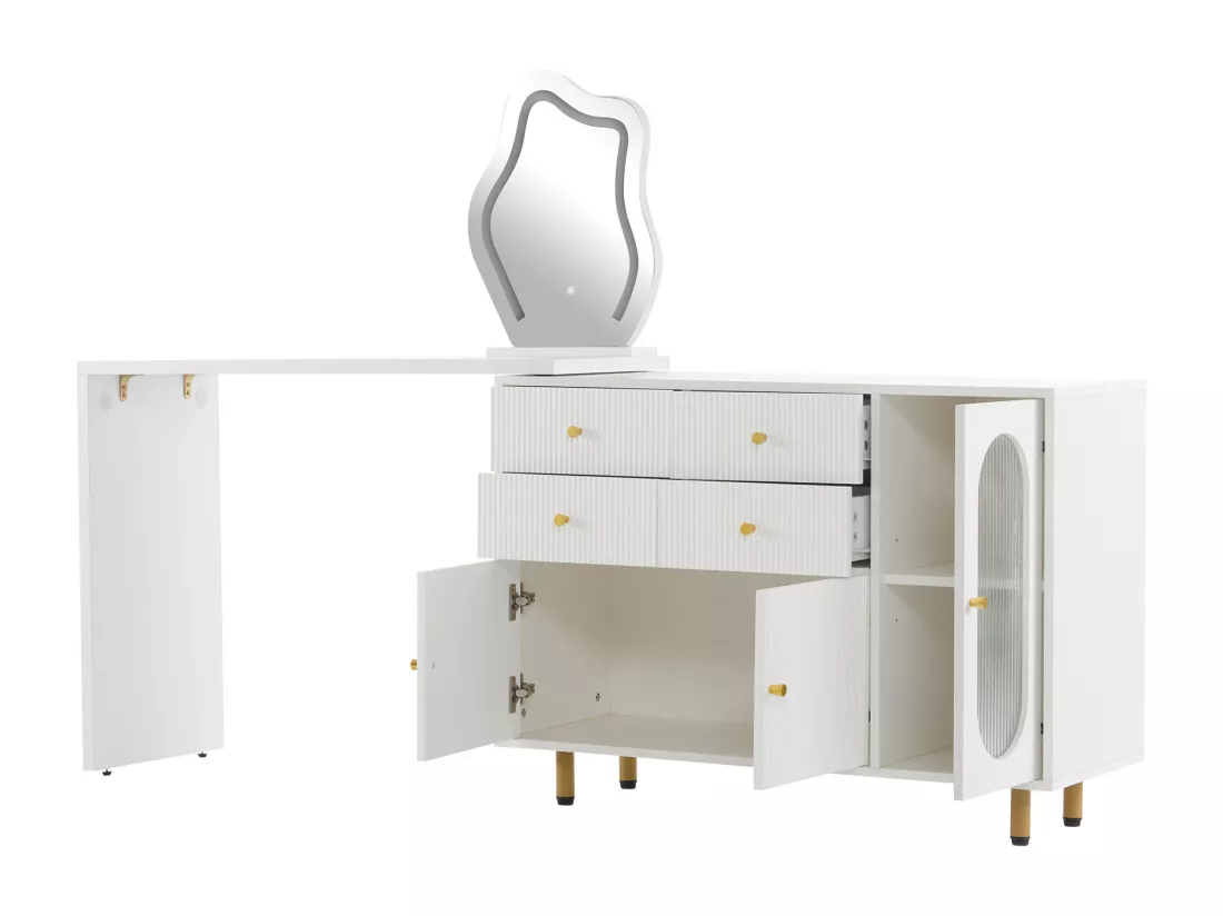 Coiffeuse pivotante escamotable avec miroir à LED - 4 tiroirs et 3 compartiments - Blanc (tabouret non inclus)