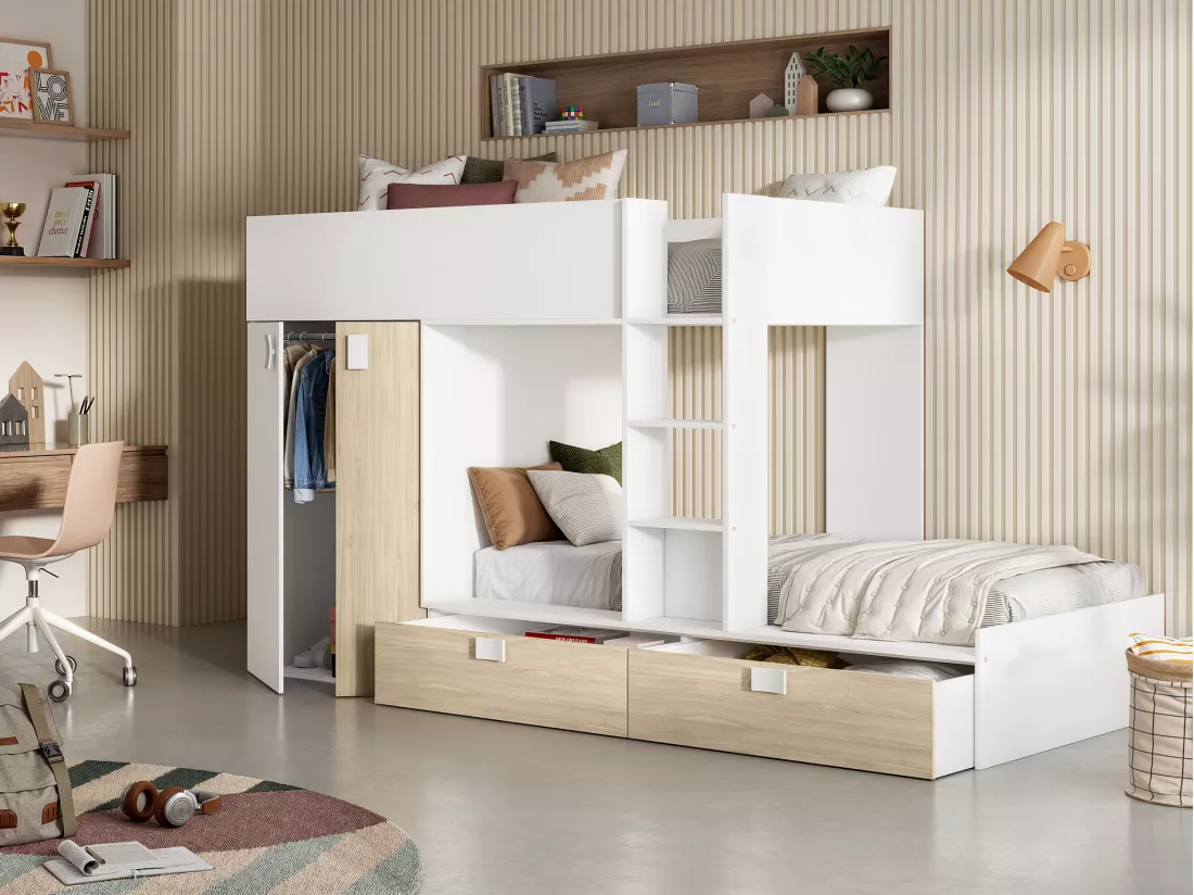 Lits Superposés 2 x 90 x 190 cm - Armoire intégrée - Blanc et naturel + matelas - JUANITO
