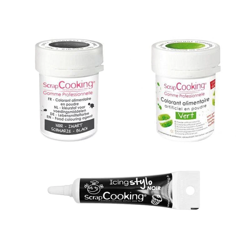 2 colorants alimentaires vert-noir + Stylo glaçage noir Scrapcooking