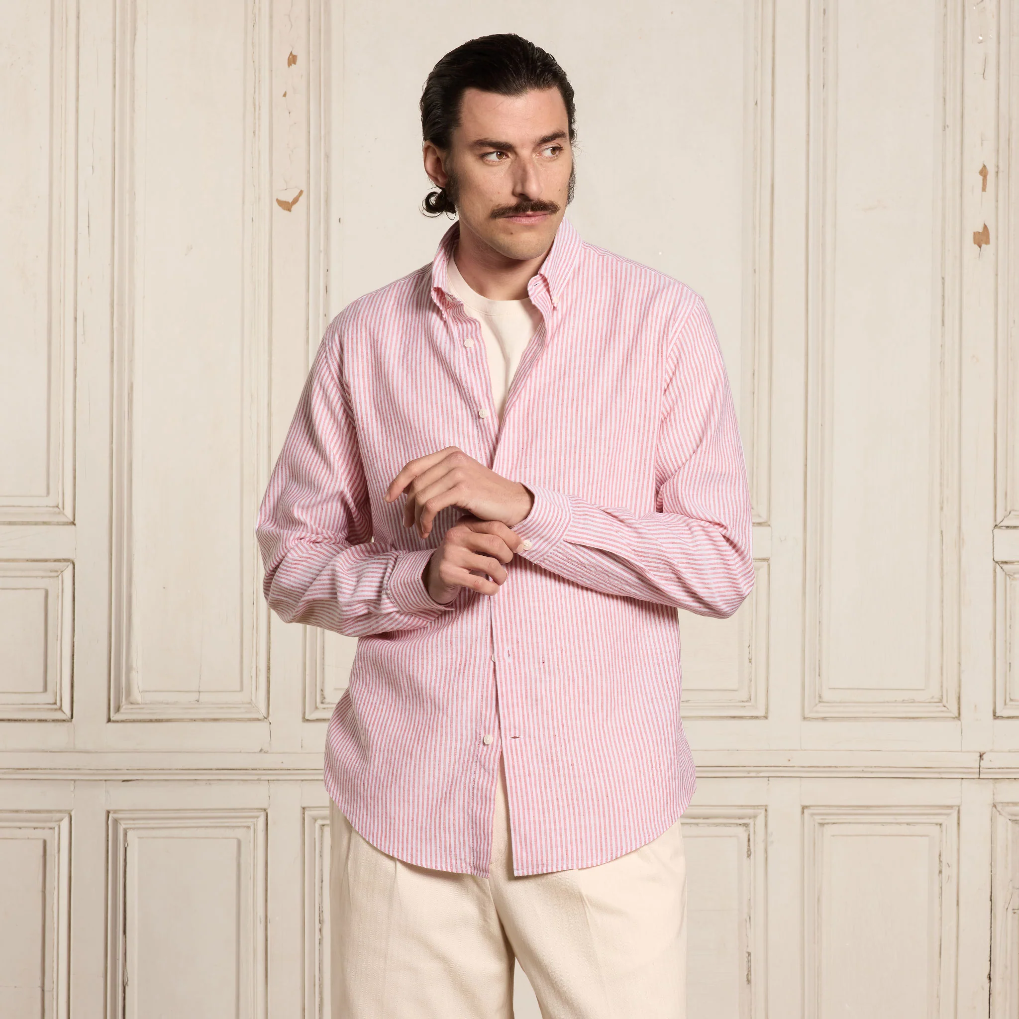 Burgundy striped cotton and linen shirt