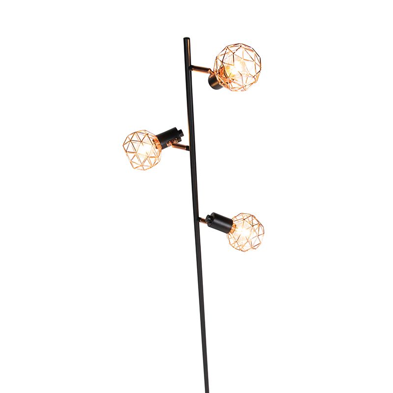 Vloerlamp zwart met koper 3-lichts - Mesh