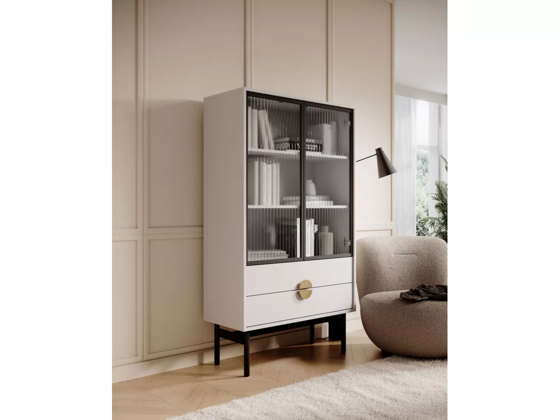 Vitrine basse - 84 cm - avec trois étagères et tiroirs - blanc - STOON
