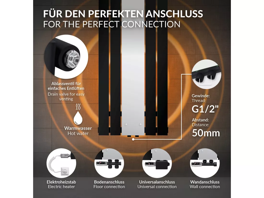 Radiateur plat vertical noir 450x1200 mm avec miroir et kit raccordement au sol