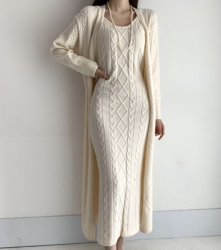 Omibayo - Spaghettibandjes, effen kabelgebreide maxi-jurk / maxi-cardigan met open voorkant