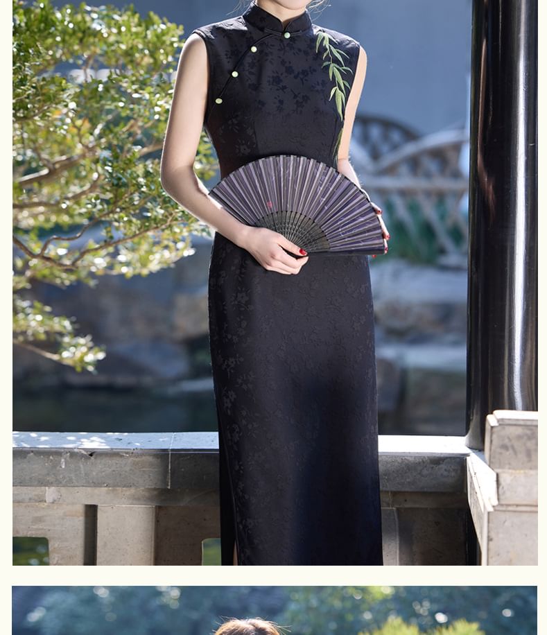 Catamin - Traditionele Chinese mouwloze staande kraag bamboe geborduurde split satijnen midi-schede qipao