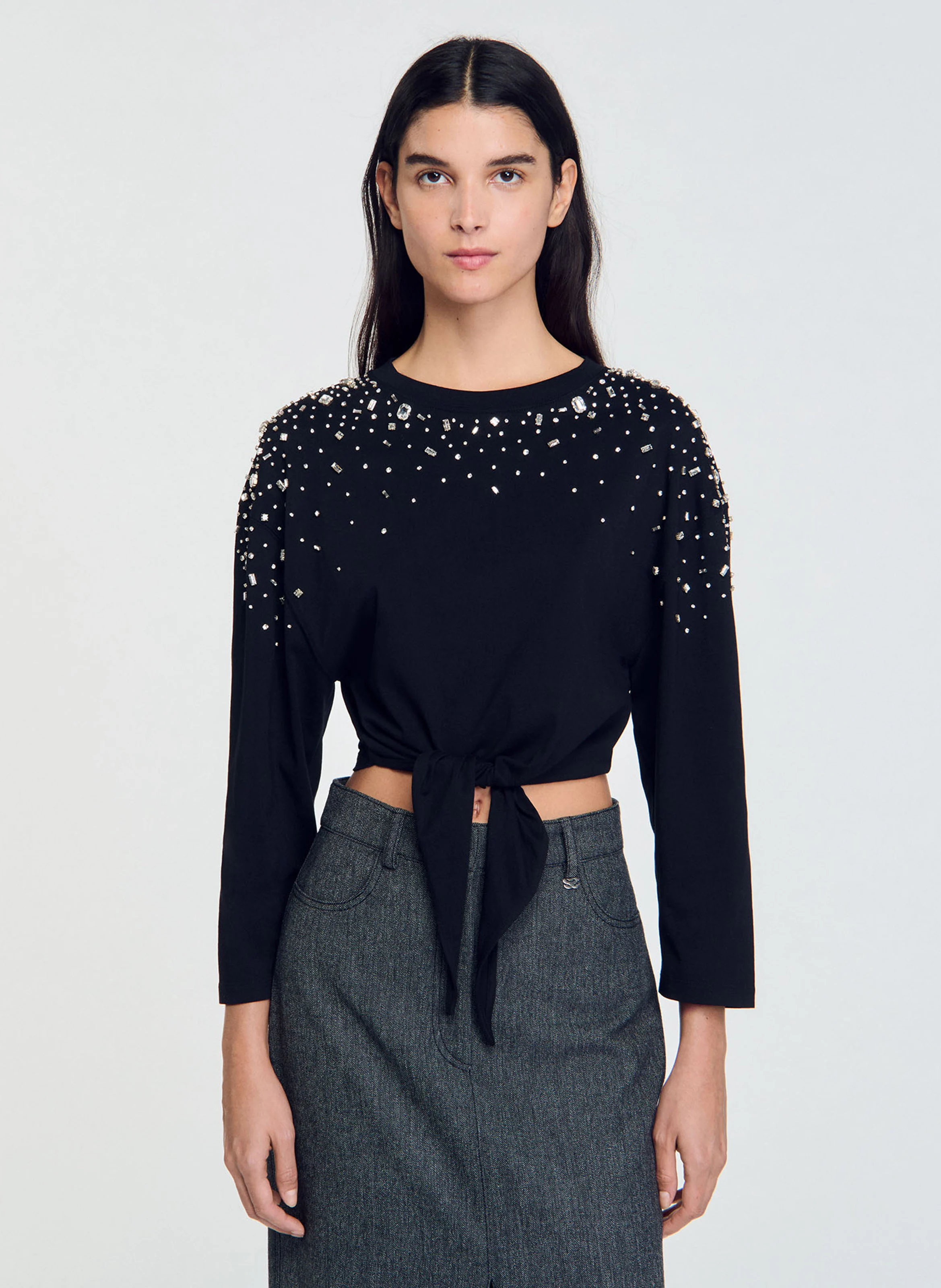 Tee-shirt col rond droit en coton| Noir