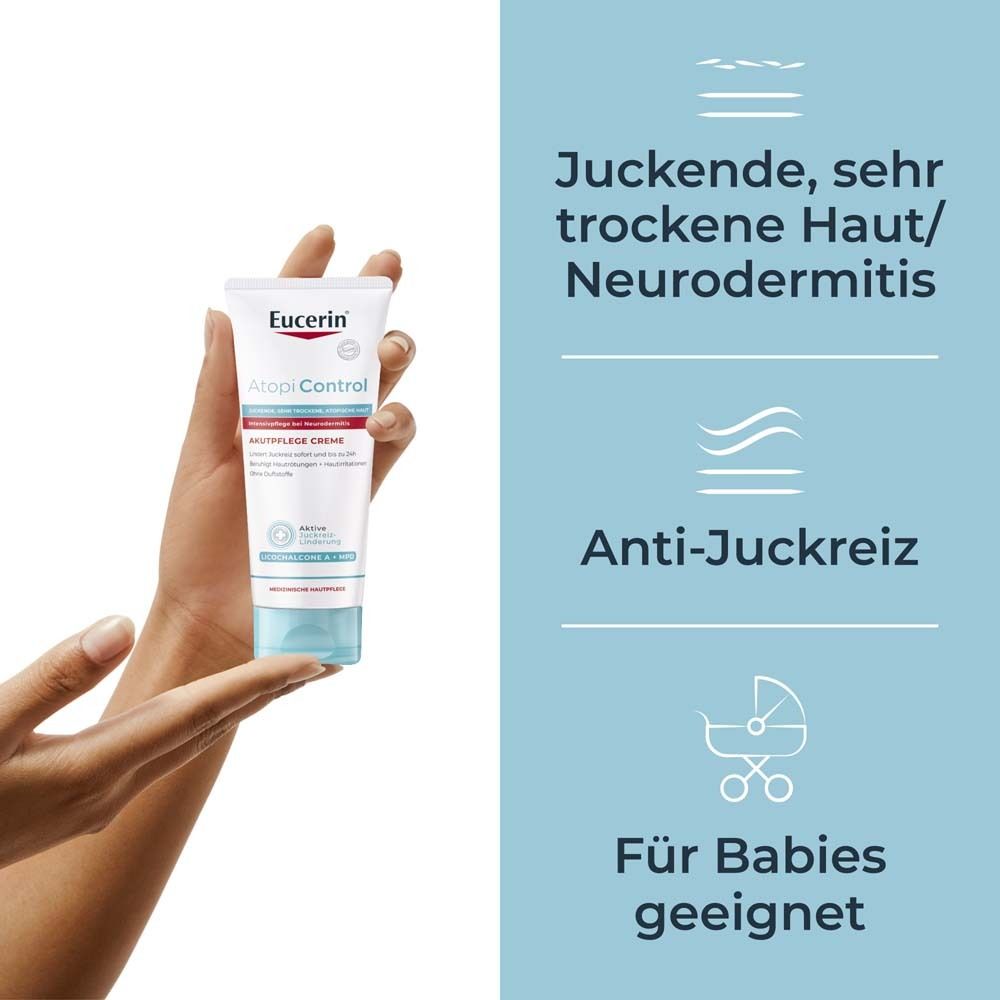 Eucerin® AtopiControl Akutpflege Creme hilft wirksam bei akuten Neurodermitisschüben, gegen Juckreiz, Hautrötungen und Entzündungen - Jetzt 3€ sparen mit Code 