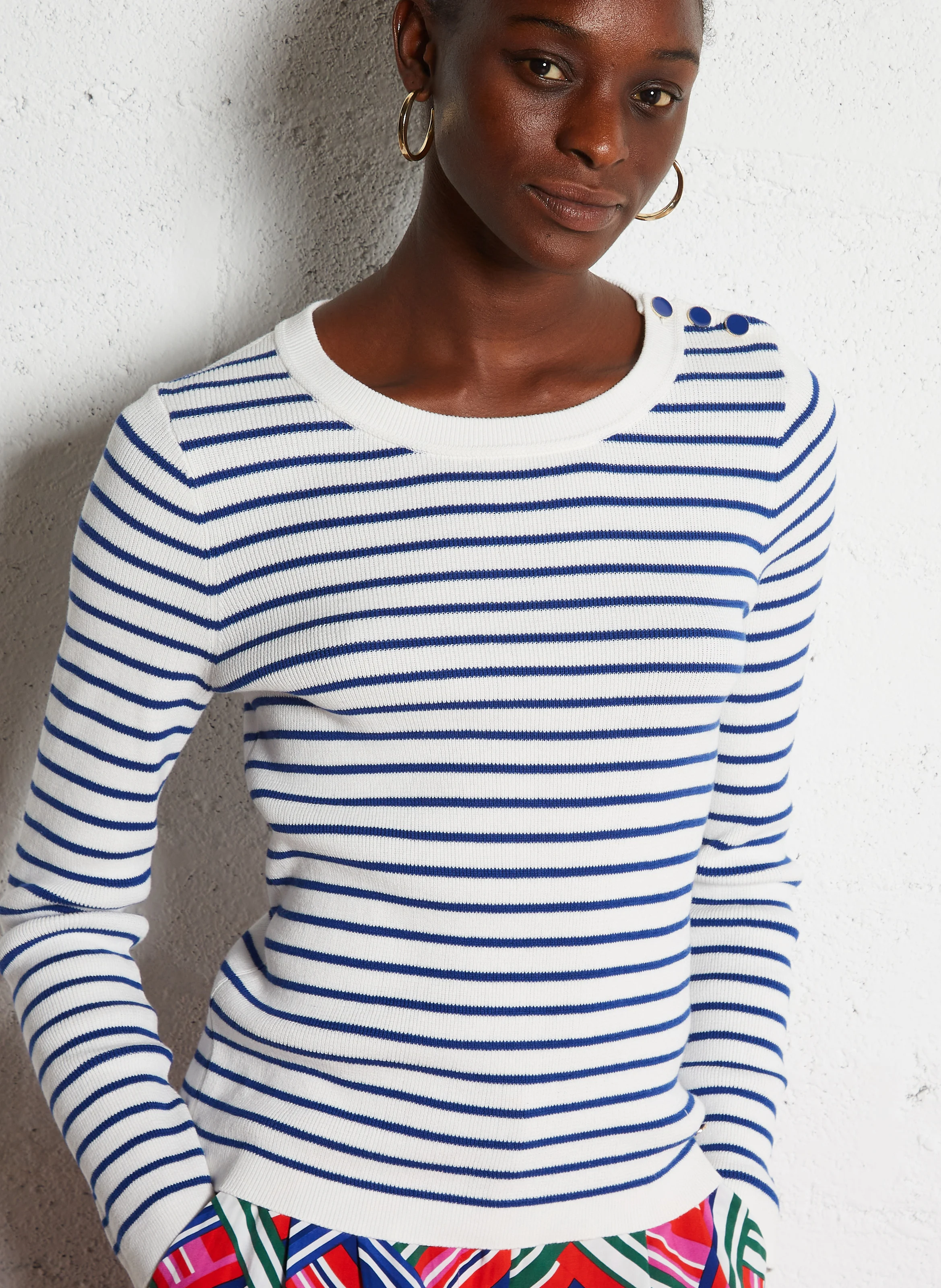 MOLLY - Pull col rond droit en coton rayé | Bleu