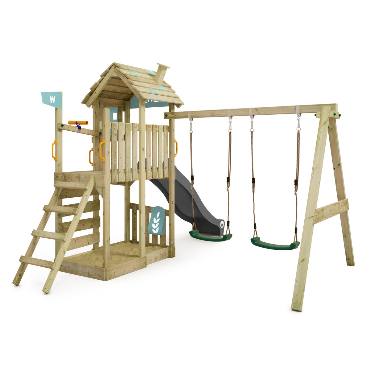 WICKEY FarmFlyer Speeltoren Klimrek met Schommel en Glijbaan, Klimtoren met Zandbak, Ladder en Speelaccessoires – Pastelblauw