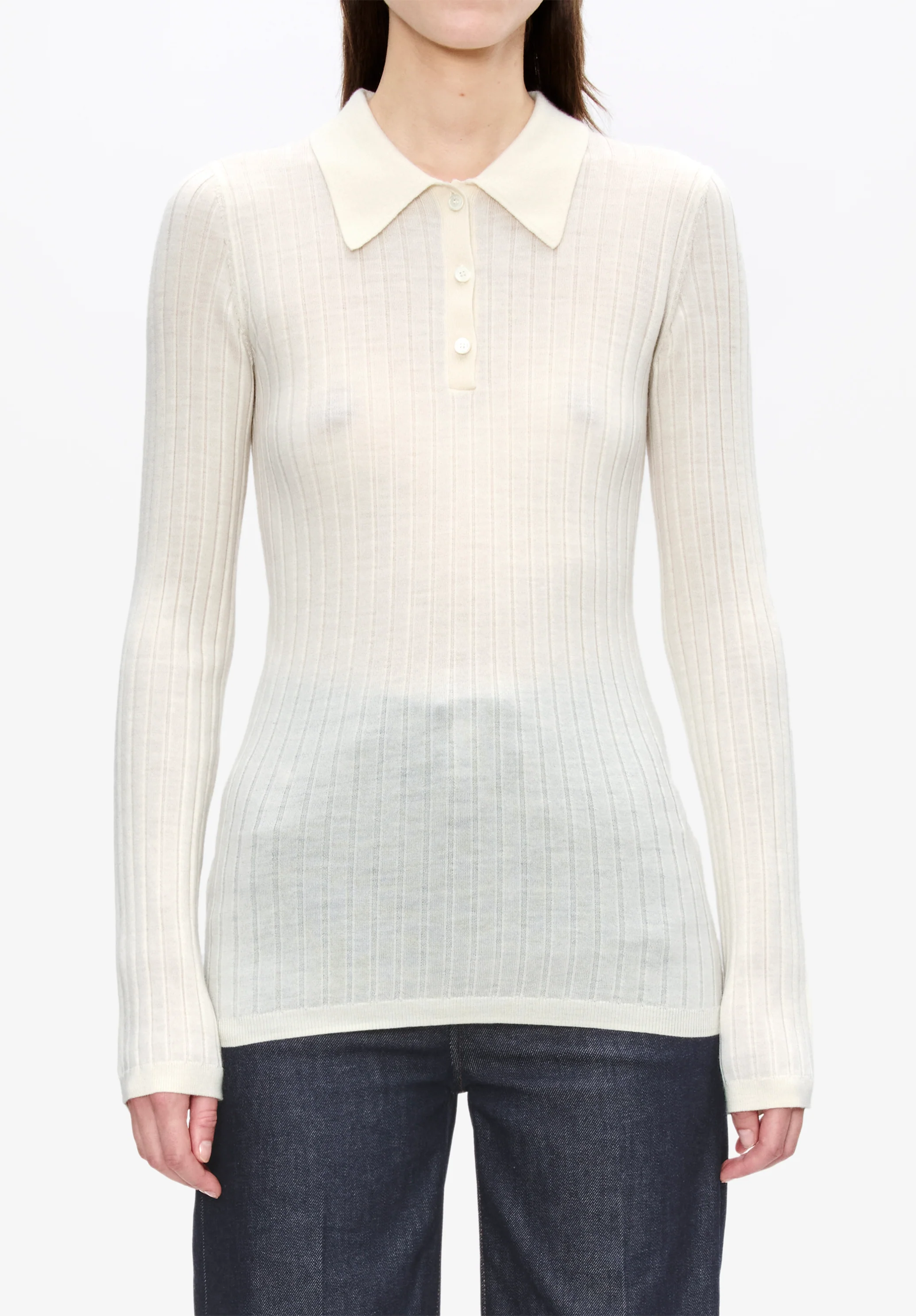 pull col polo à petites côtes - Ecru