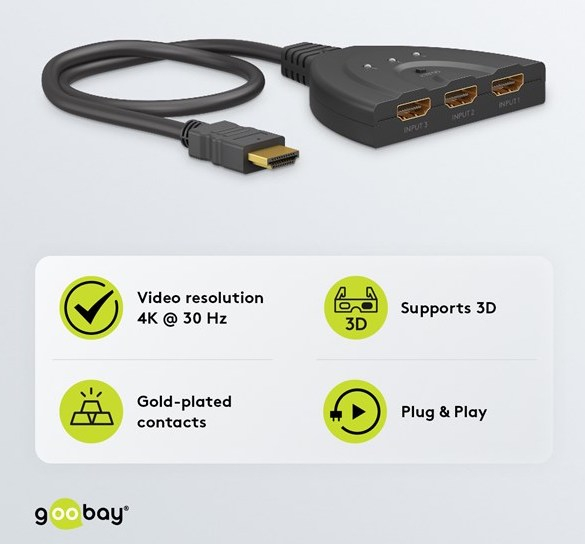 3-fach HDMI 1.4 4K Adapter Splitter Switch Audio Video Konverter Umschaltbox 3 x Input / 1 x Output (58487) - Schwarz