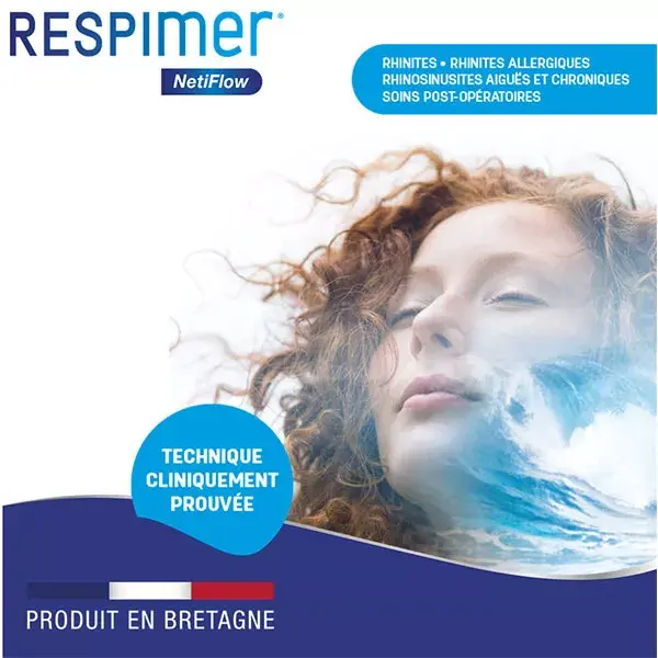 Kit de irrigação nasal Respimer Netiflow para crianças a partir de 4 anos: 1 dispositivo + 6 sachês de água do mar